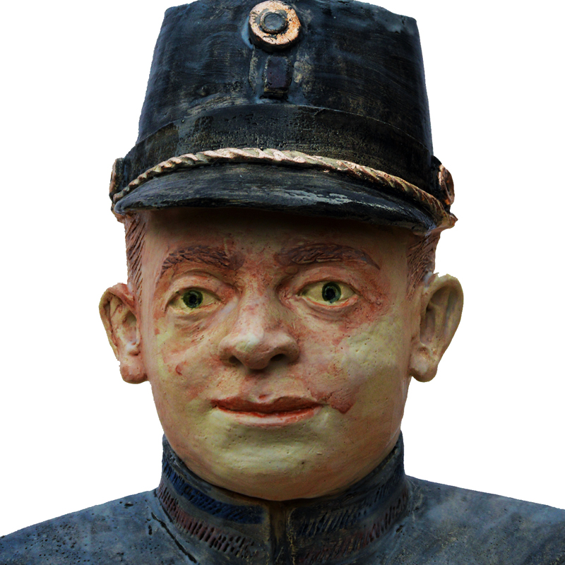 Jungmusil, Kopf aus Ton, farbig glaciert
